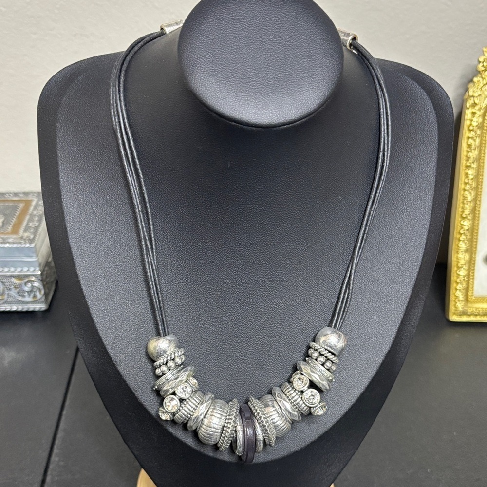 Chico’s Elegant Silver Slider Beaded Leather Necklace
